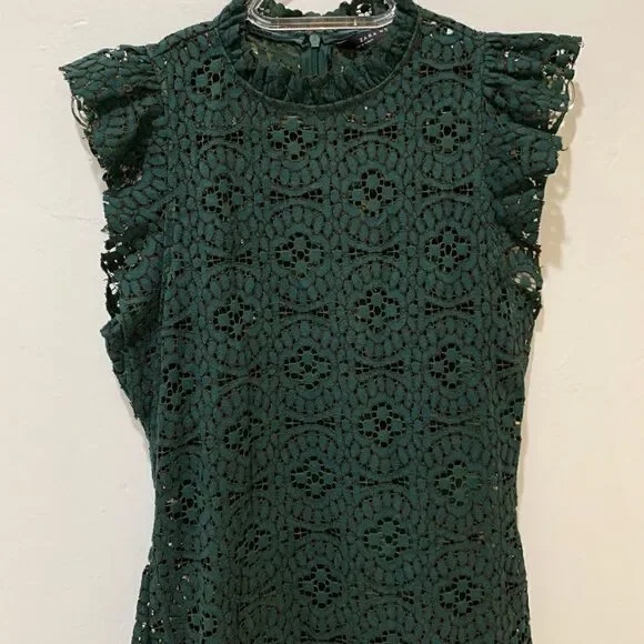ZARA green jewel tone lace midi high neck holiday party dress small - Picture 5 of 16